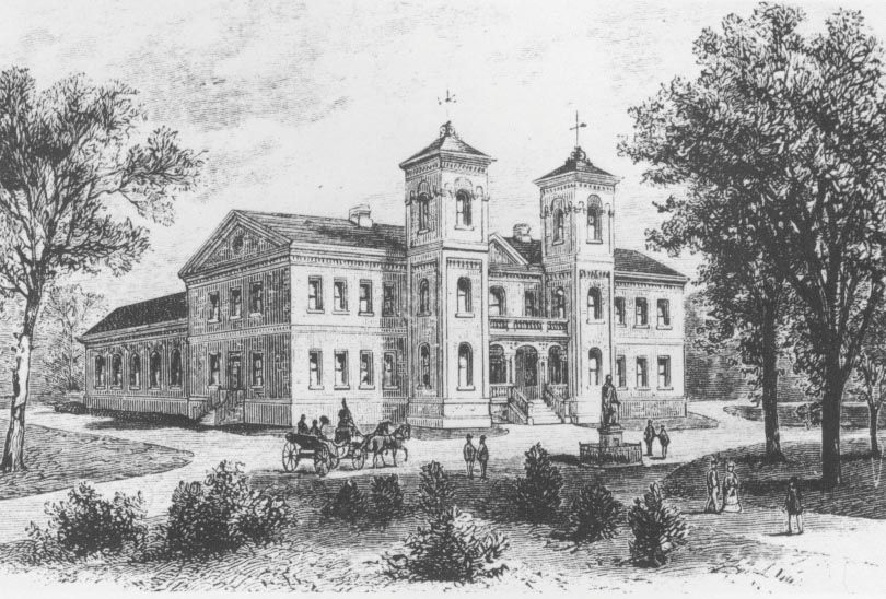 Black and white illustration of a large two-story building with twin towers, trees, people walking, and a horse-drawn carriage in front.