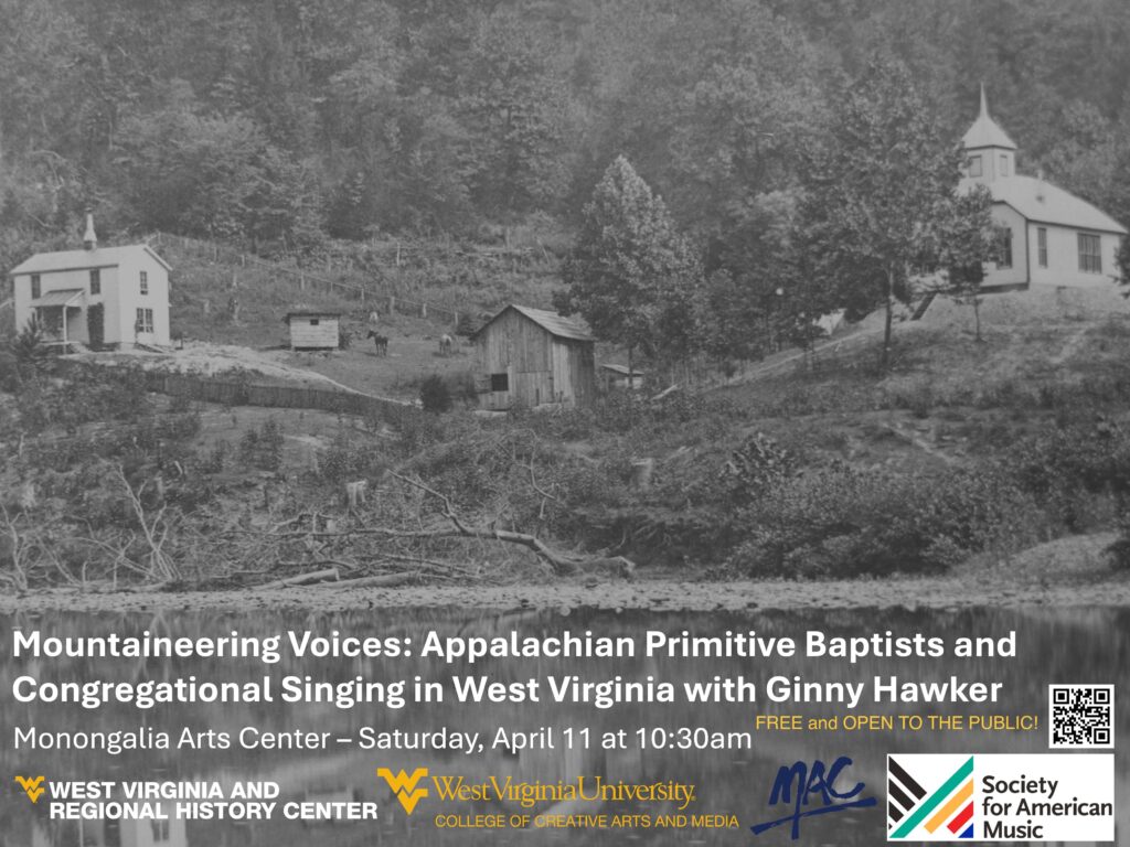 Black and white photo of three simple houses on a wooded hillside. Event details about Appalachian music and singing are overlaid, along with logos and a QR code at the bottom.