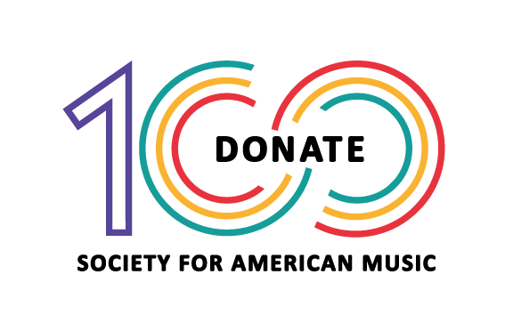 Colorful 100 graphic with the word DONATE in bold black letters across the zeros. Below, text reads Society for American Music. The numbers and circles are outlined in different bright colors.