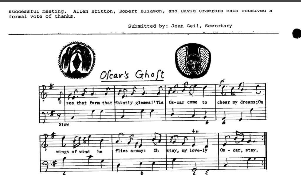 Sheet music titled Oscars Ghost with hand-drawn illustrations of two masks above the title. The sheet includes musical notes, lyrics, and text at the top about a meeting, submitted by Jean Geil, Secretary.